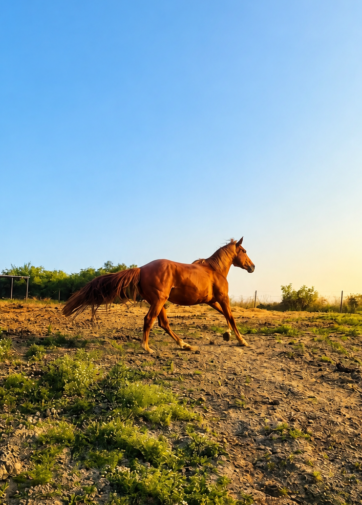 Cavallo in corsa nel paddock